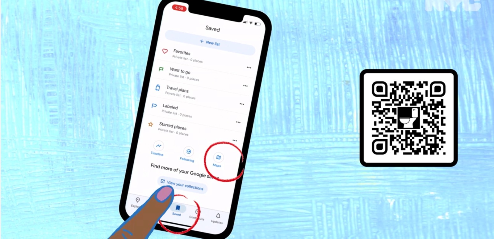 Just scan the QR code to save the public restrooms layer in Google Maps.