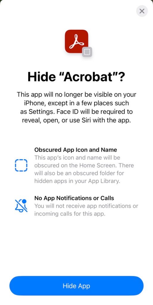 A second splash screen tells you where the hidden app will be found and what happens to notifications and calls.