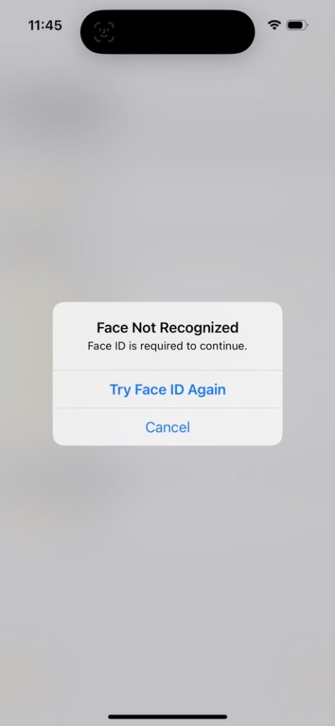 إذا فشلت مصادقة Face ID، فلن تتمكن من فتح التطبيق.