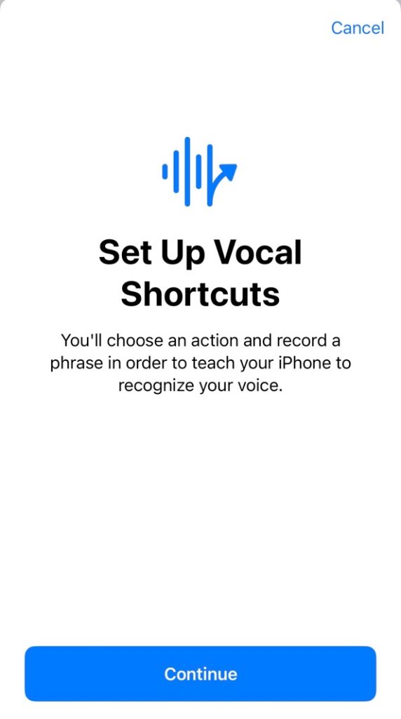 The screen you'll see every time you set up a new Vocal Shortcut.