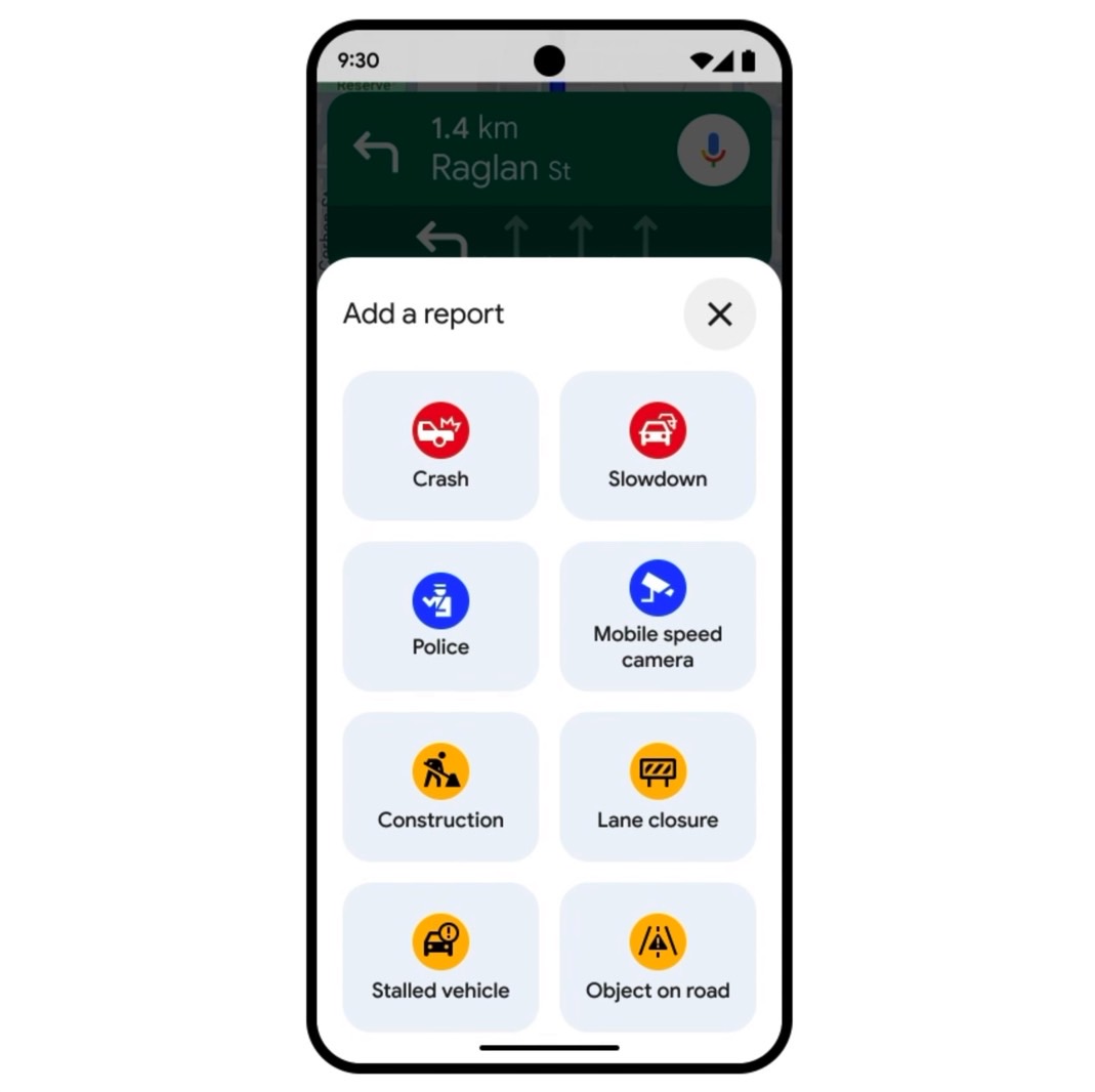 New Google Maps incident reports user interface.