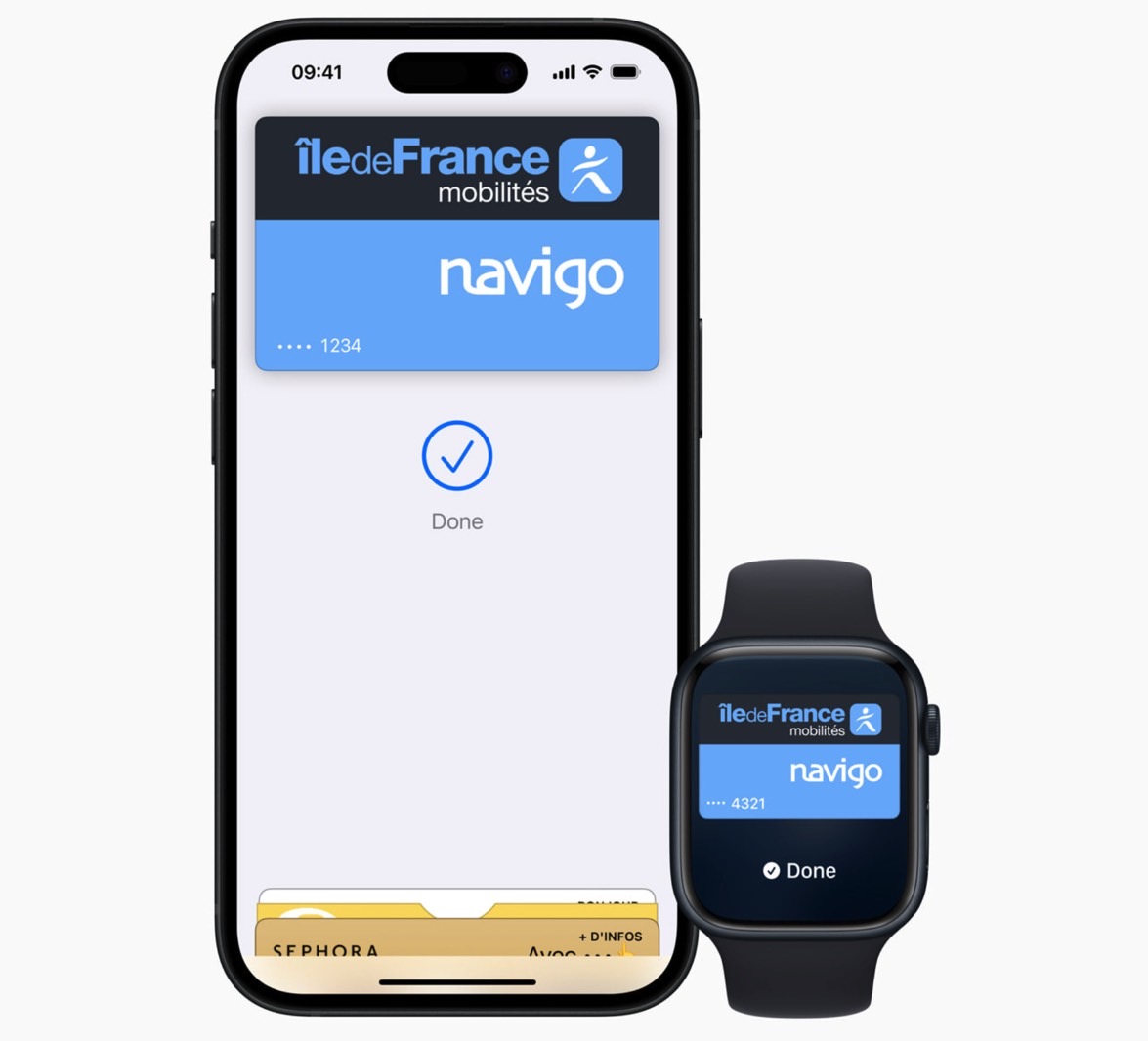 The iPhone and Apple Watch support Île-de-France Mobilités public transit in Paris, France.
