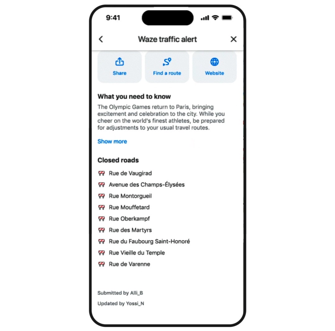 Waze will inform you about traffic disruptions related to local events.