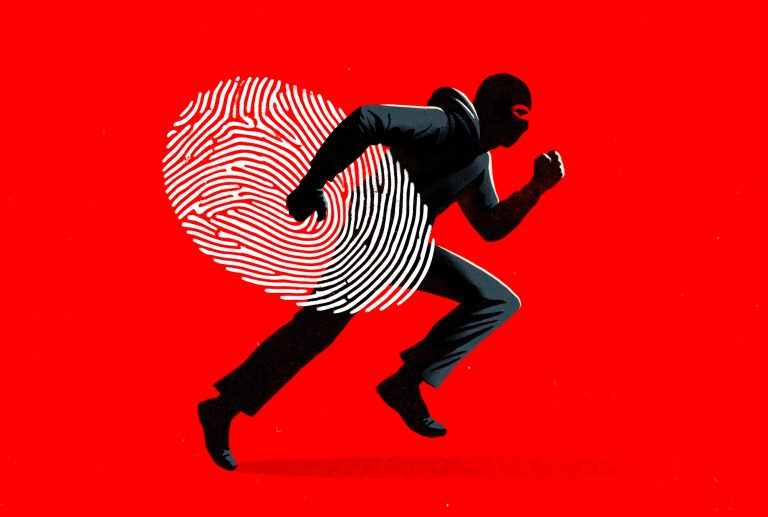 An illustration of a silhouetted thief in motion running while carrying a stolen fingerprint.