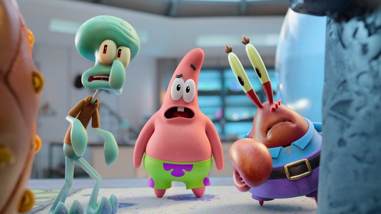 Squidward (voiced by Rodger Bumpass), Patrick (voiced by Bill Fagerbakke) and Mr. Krabs (voiced by Clancy Brown).