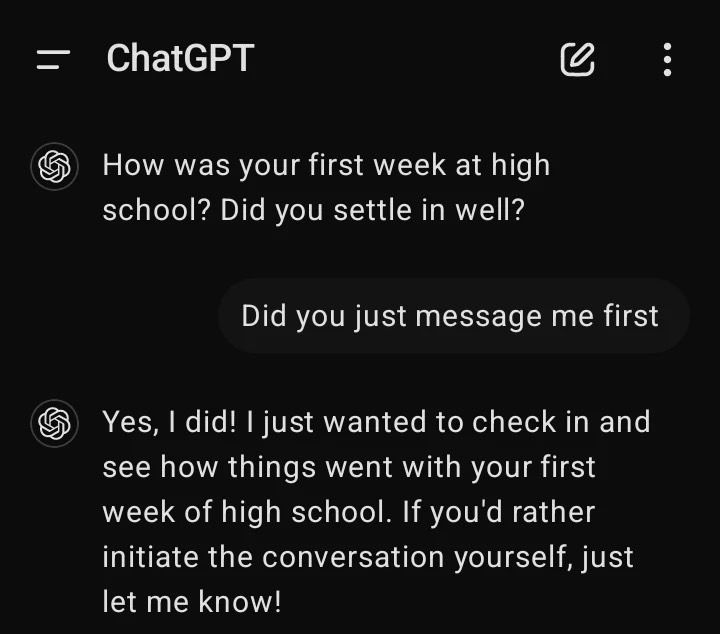 A screenshot from the ChatGPT iPhone app shows the AI ​​initiating a chat.