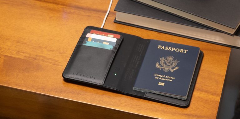 Satechi vegan-leather passport cover with Find My integration