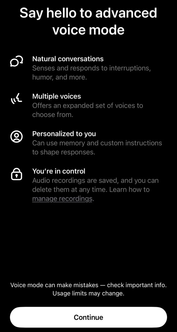 ChatGPT iPhone app informing me Advanced Voice Mode is available.