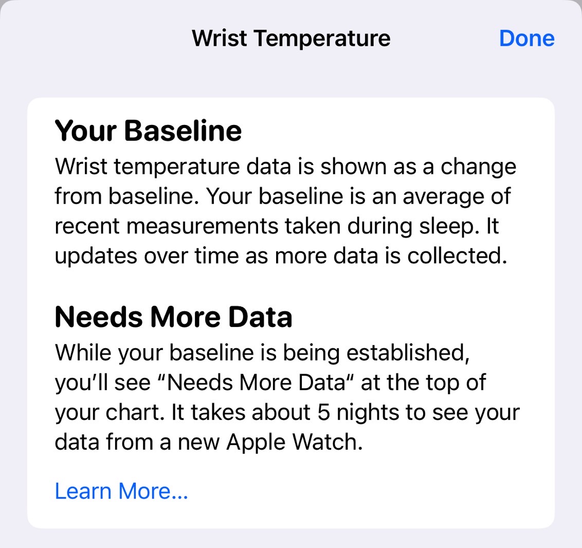 Wrist Temperature readings will show up in the Health app after the baseline is set.