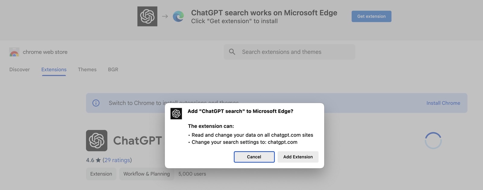 Installing the ChatGPT Search extension in Microsoft Edge.