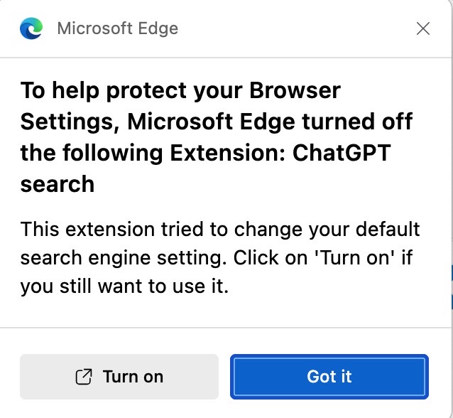 Microsoft Edge will warn you the extension will change your default search engine.