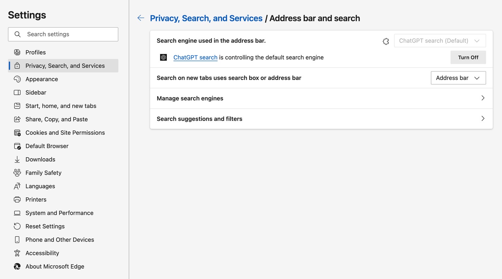 Microsoft Edge's Settings will tell you ChatGPT Search is the default search engine.