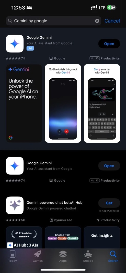 App Store listing for the Google Gemini app