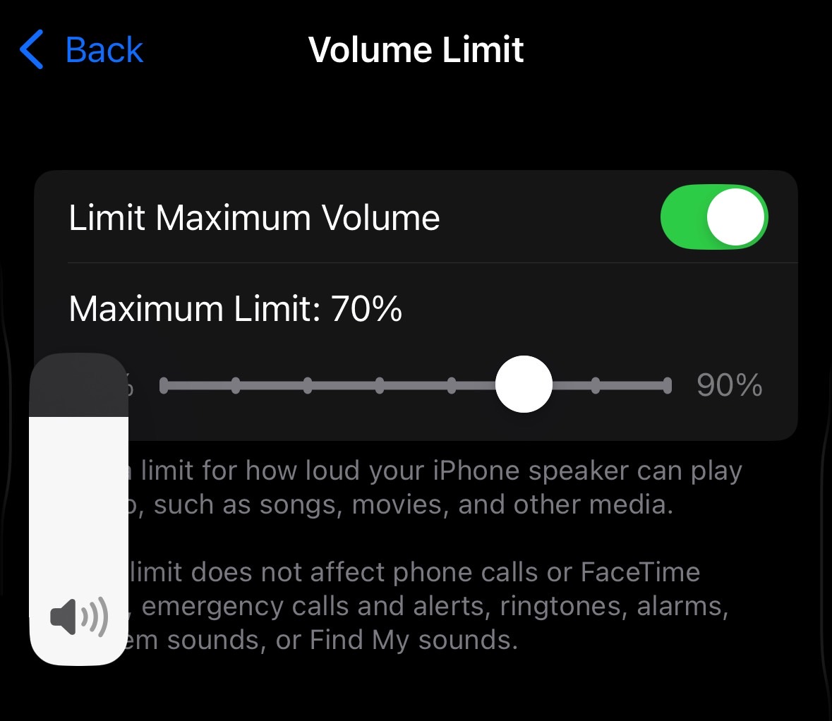 Volume Limit set to 70%: The volume bar changes accordingly.