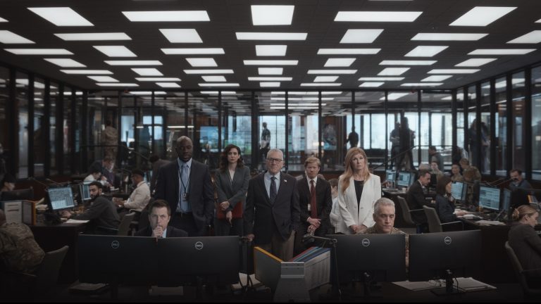 McKinley Belcher III as Carl Otieno, Mozhan Navabi as Melissa Kornblau, Robert De Niro as George Mullen, Jesse Plemons as Roger Carlson and Connie Britton as Valerie Whitesell in Zero Day.