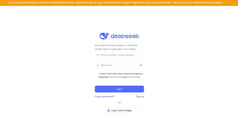 DeepSeek login page shows warning about new registrations.