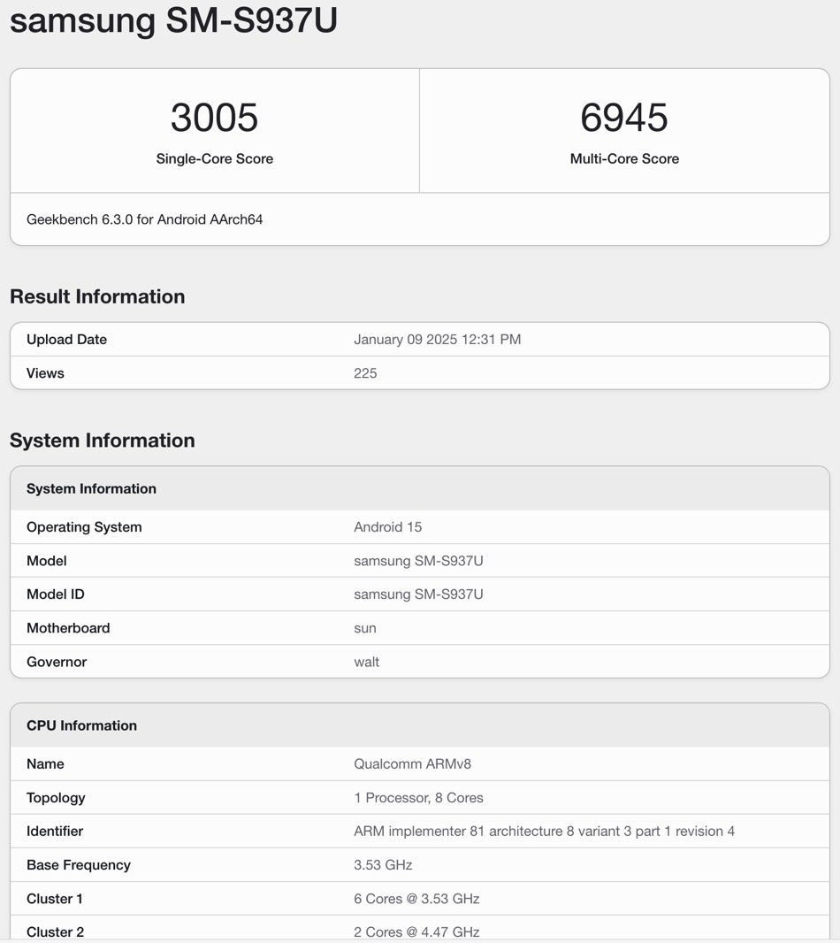 Leaked Galaxy S25 Slim Geekbech 6 benchmark test.