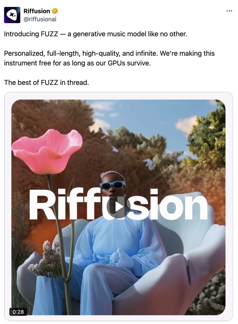 Riffusion's Fuzz AI announcement on X.