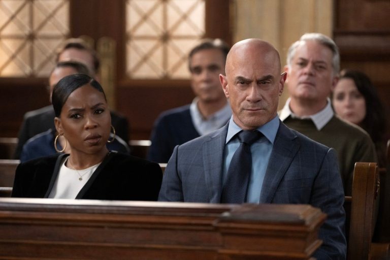 Danielle Moné Truitt as Sgt. Ayanna Bell, Christopher Meloni as Det. Elliot Stabler in Law & Order: Organized Crime.