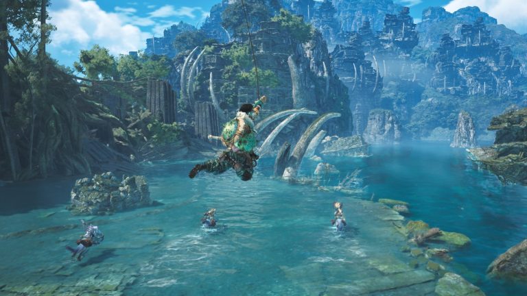 Swinging on a Wedge Beetle in Monster Hunter Wilds.