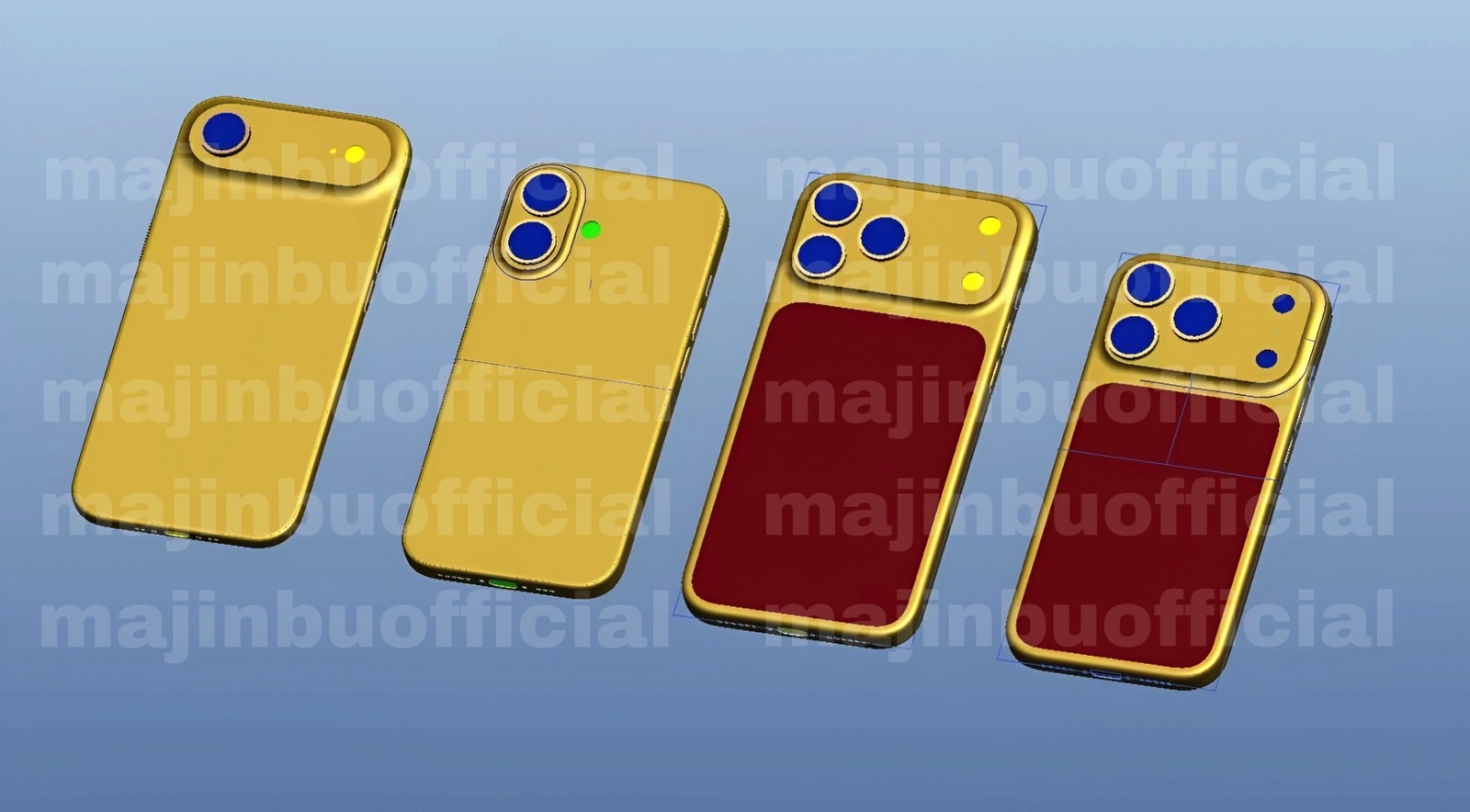 Purported CAD designs for iPhone 17 Air, iPhone 17, iPhone 17 Pro Max, and iPhone 17 Pro.