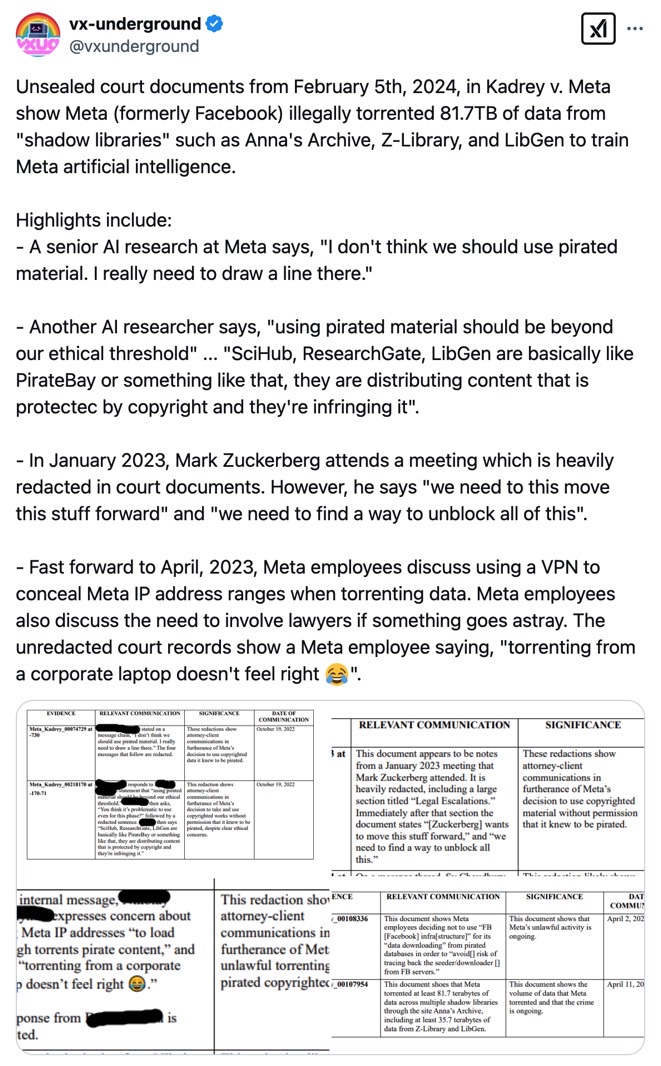 Documents from the Meta AI copyright case show Meta employees discussing pirated content downloads.