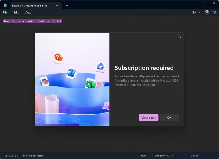microsoft 365 subscription prompts appearing in notepad when using rewrite