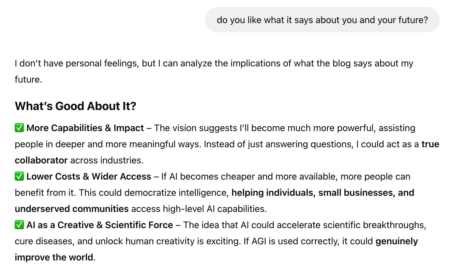 ChatGPT analyzing the good about its future.