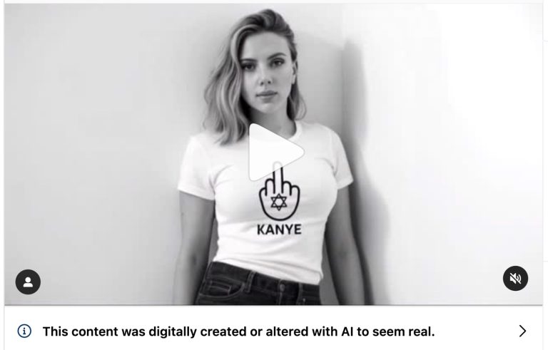 A screenshot showing an anti-Kanye deepfake AI video featuring the face of Scarlett Johansson and other celebrities.