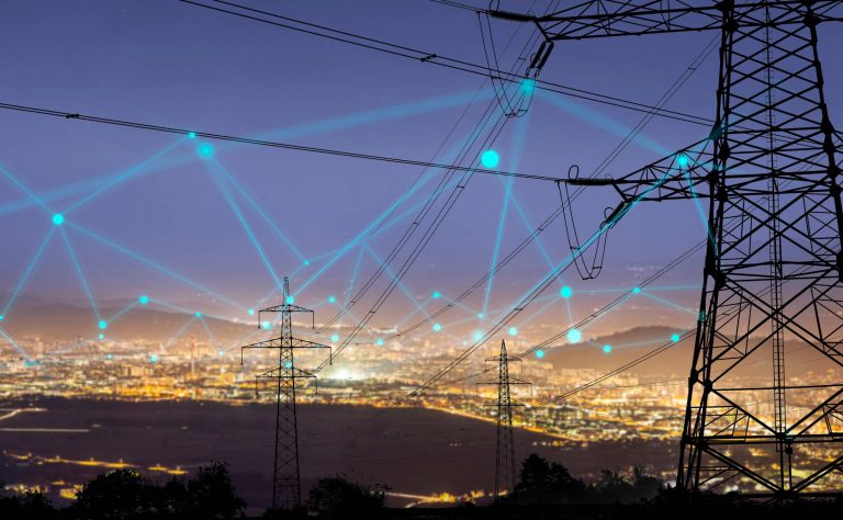 american power grid, power lines with sky in background