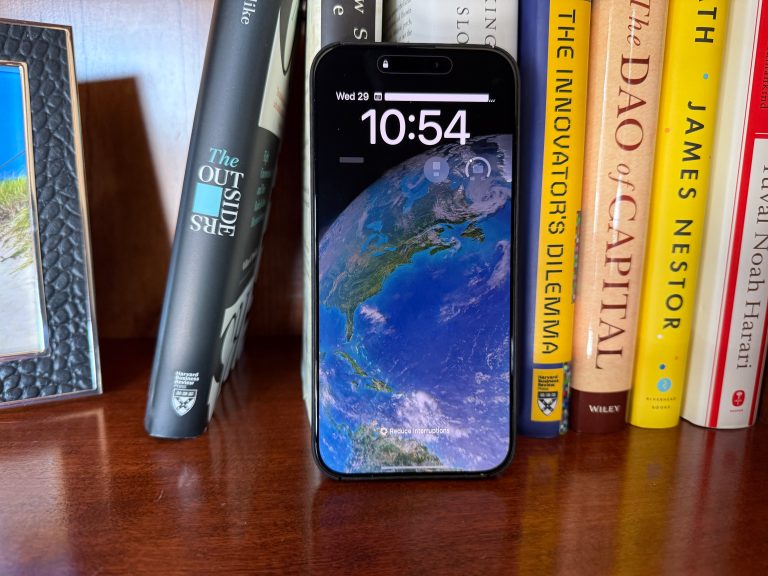 iPhone 16 Pro on a shelf.