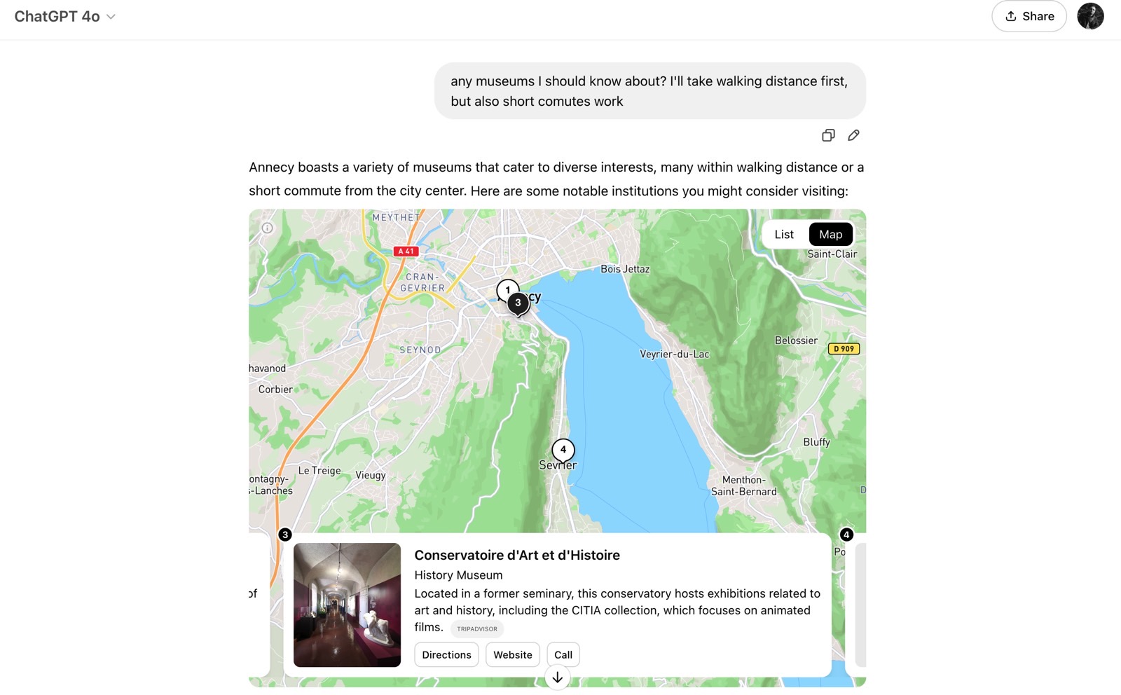 ChatGPT gave me an interactive map in a chat about travel plans.