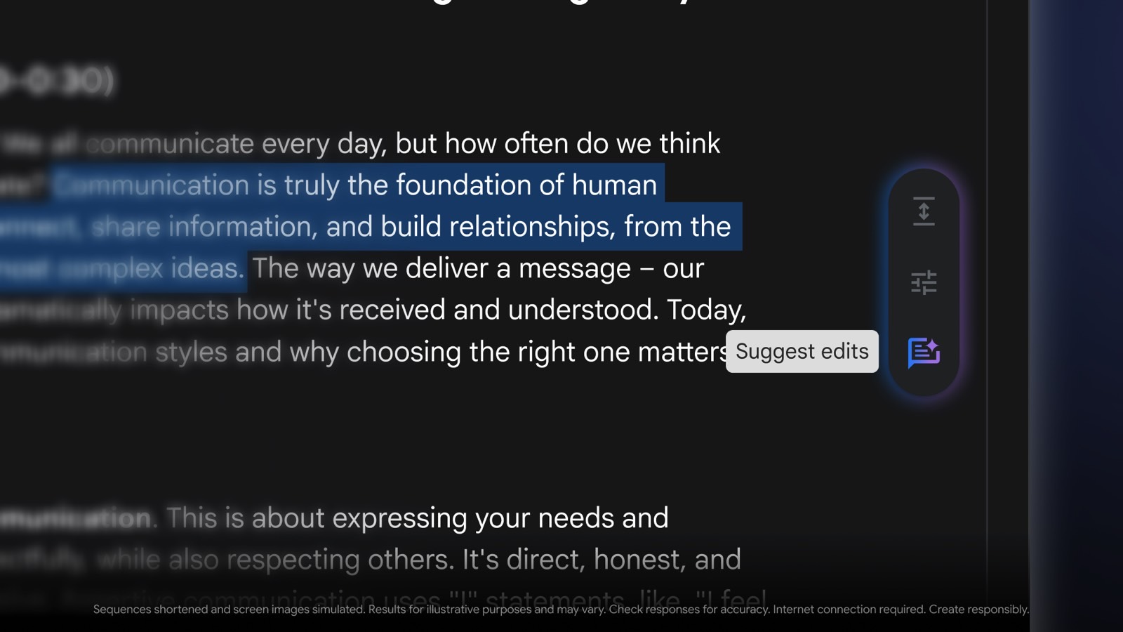 Editing a text draft in Canvas with quick edit shortcuts.