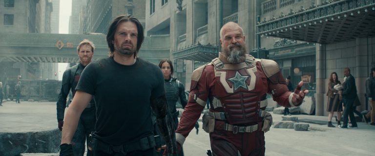 John Walker (Wyatt Russell), Bucky Barnes (Sebastian Stan), Ghost (Hannah John-Kamen) and Alexei Shostakov/Red Guardian (David Harbour) in Thunderbolts*.
