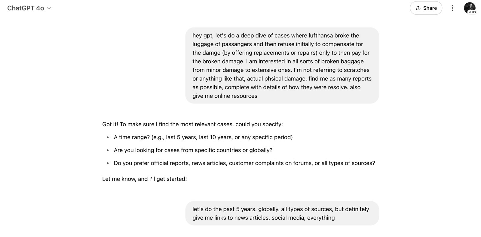 El comienzo de una gran investigación de chatgpt profunda sobre el equipaje dañado por Lufthansa.