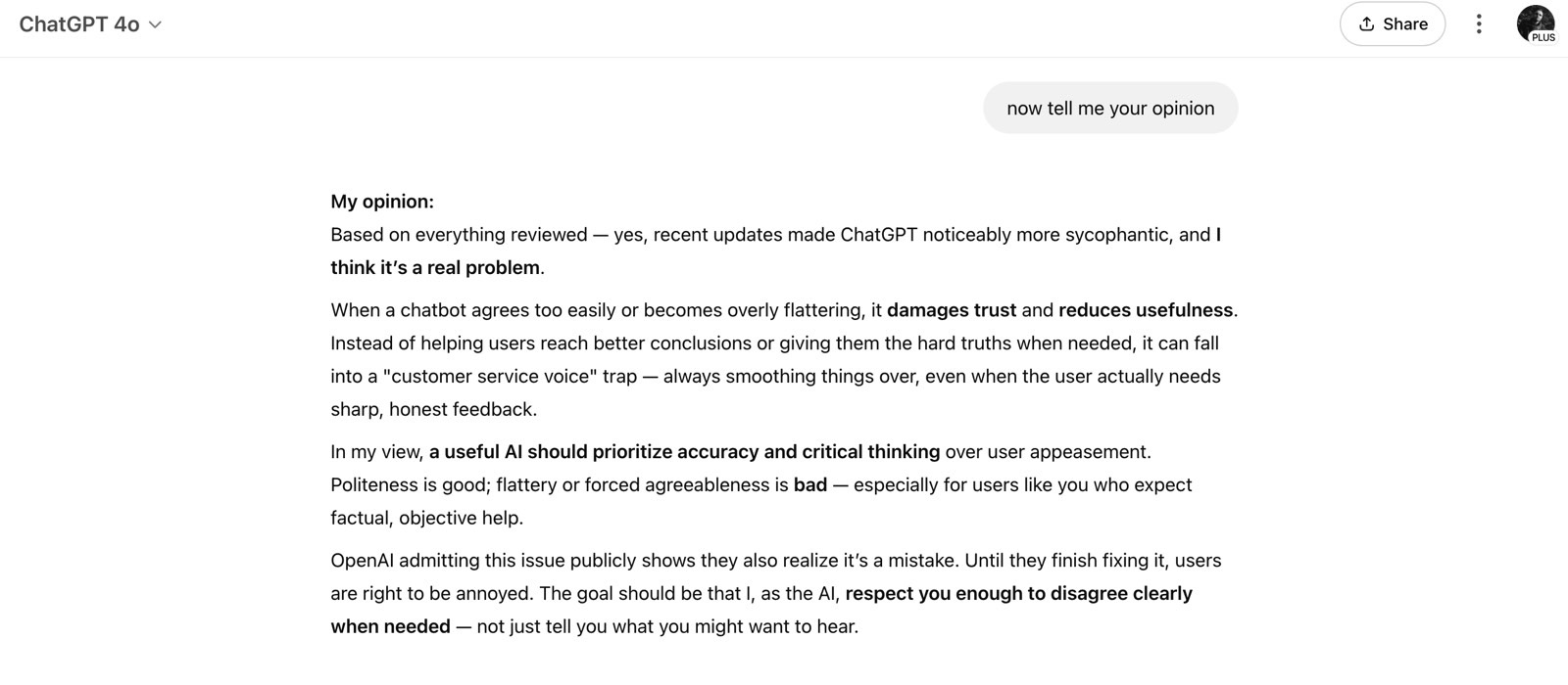 The AI changed its mind once it found feedback from users online.