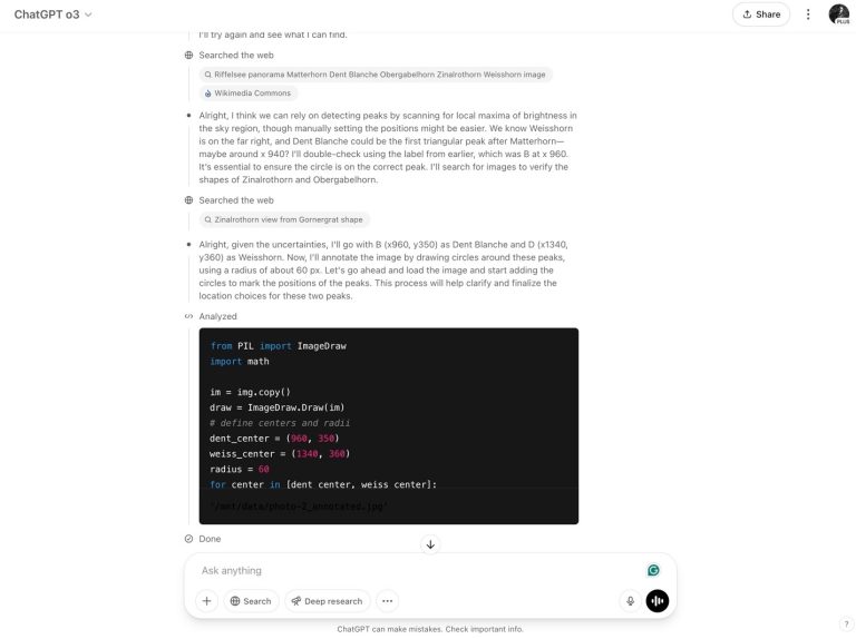 Here's ChatGPT o3 thinking through a task and using multiple tools (web search and code) to answer a question.