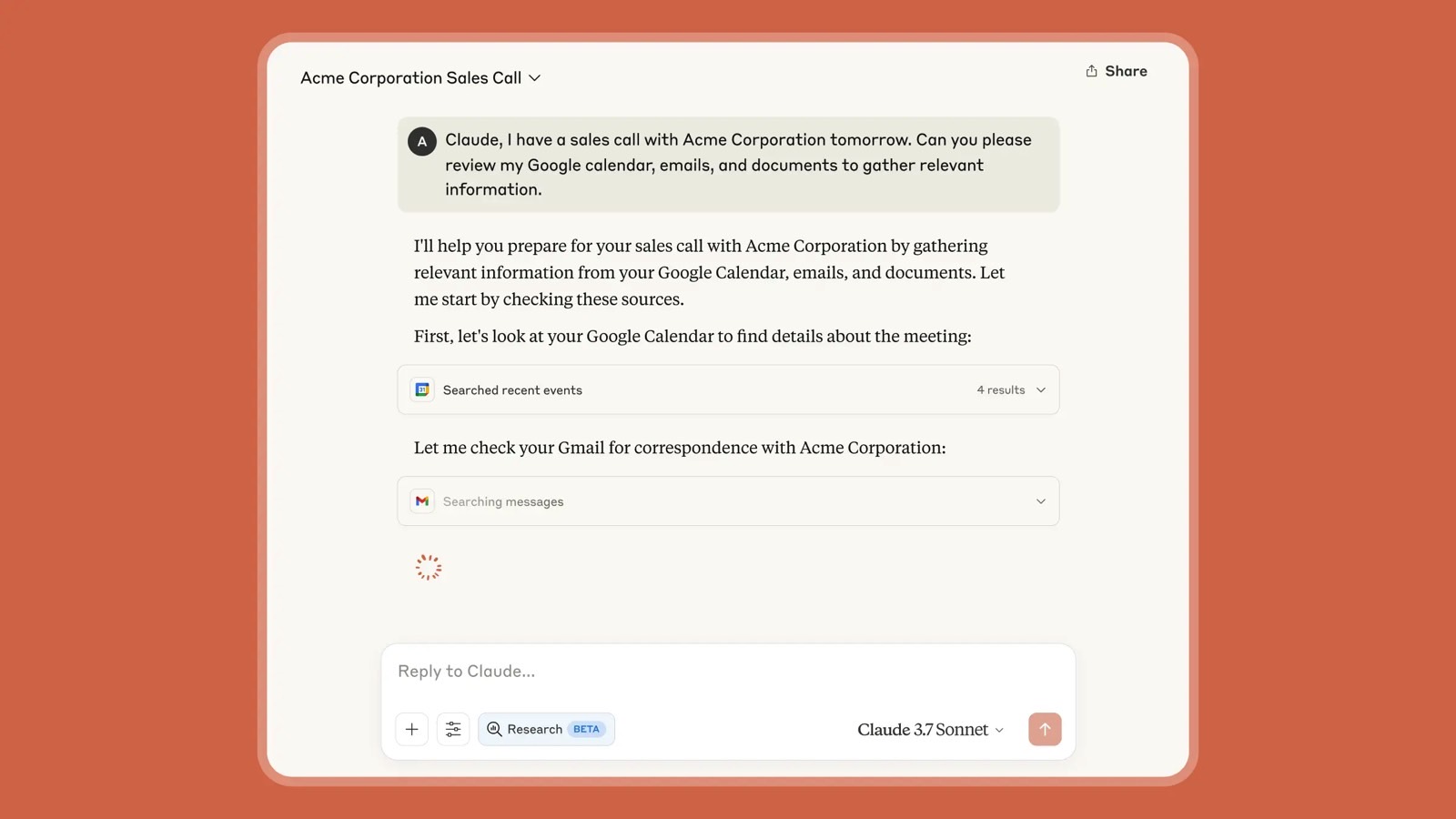 Claude can crawl your Google Workspace apps for information.