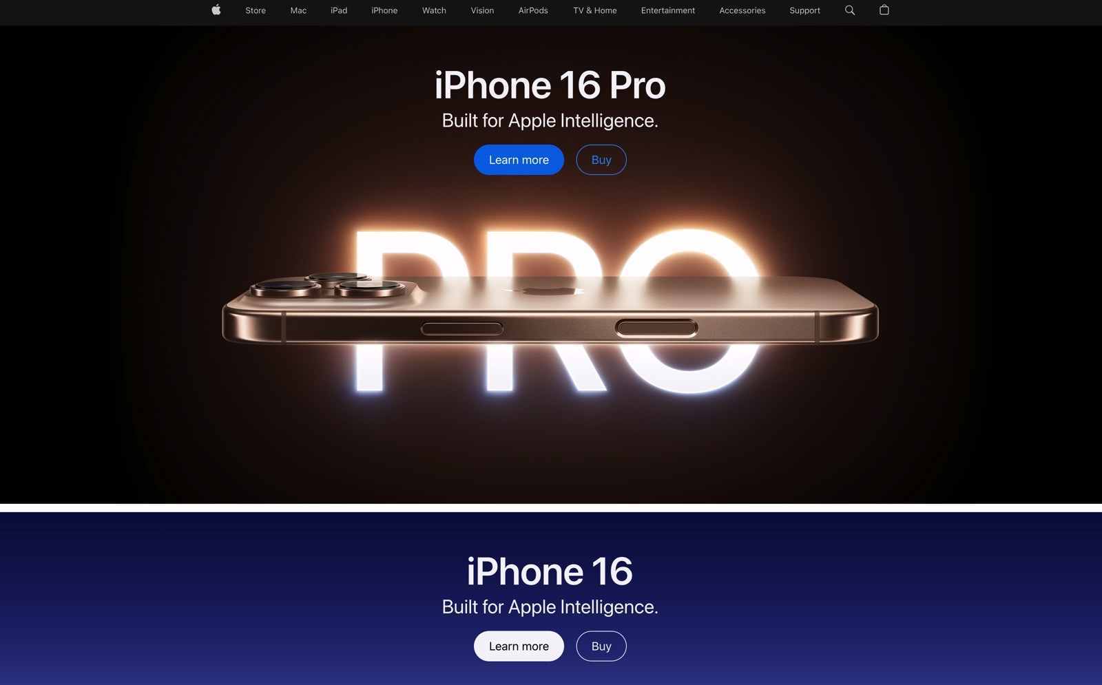 Apple's Apple Intelligence marketing motto changes for iPhone 16 Pro and iPhone 16 pages.