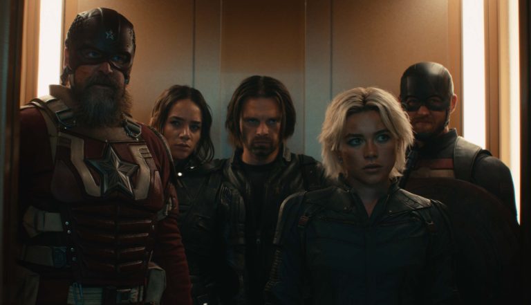Alexei Shostakov/Red Guardian (David Harbour), Ghost (Hannah John-Kamen), Bucky Barnes (Sebastian Stan), Yelena Belova (Florence Pugh), and John Walker (Wyatt Russell) in Thunderbolts*.