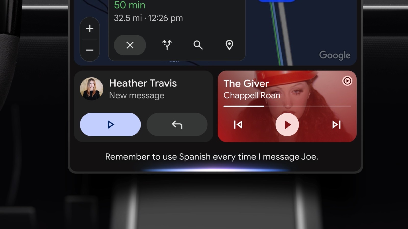 Telling Gemini to always remember a language setting for texting a contact.