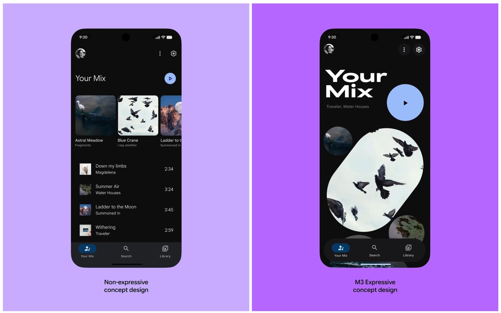 Current music app design (left) vs. Material 3  Expressive   (right).