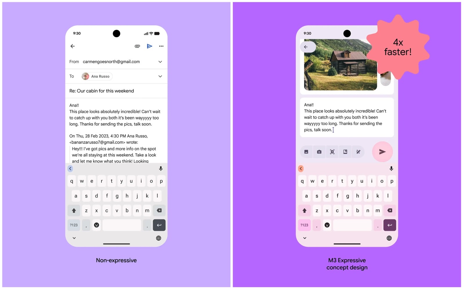 Current mail app design (left) vs. Material 3  Expressive   (right).
