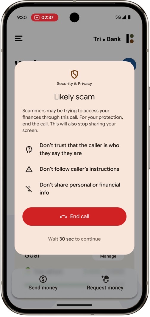 Android warning a call might be a scam.