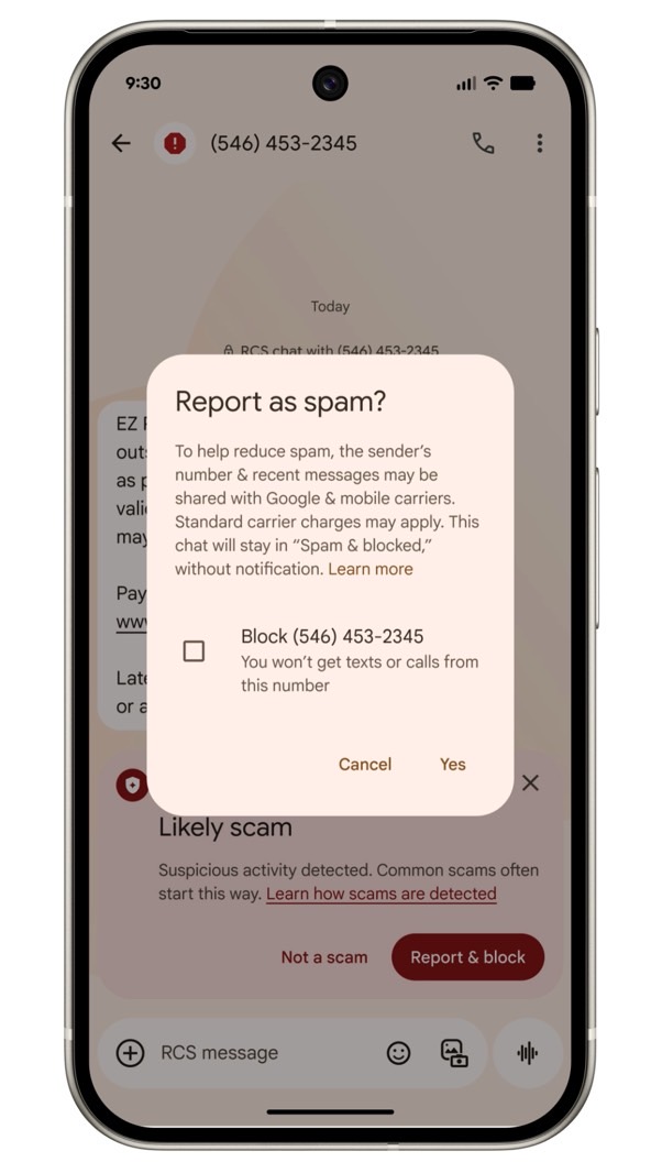 Scam detection warning in a text message.