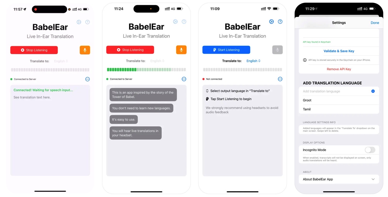 Aplicación de traducción Babelear AI.