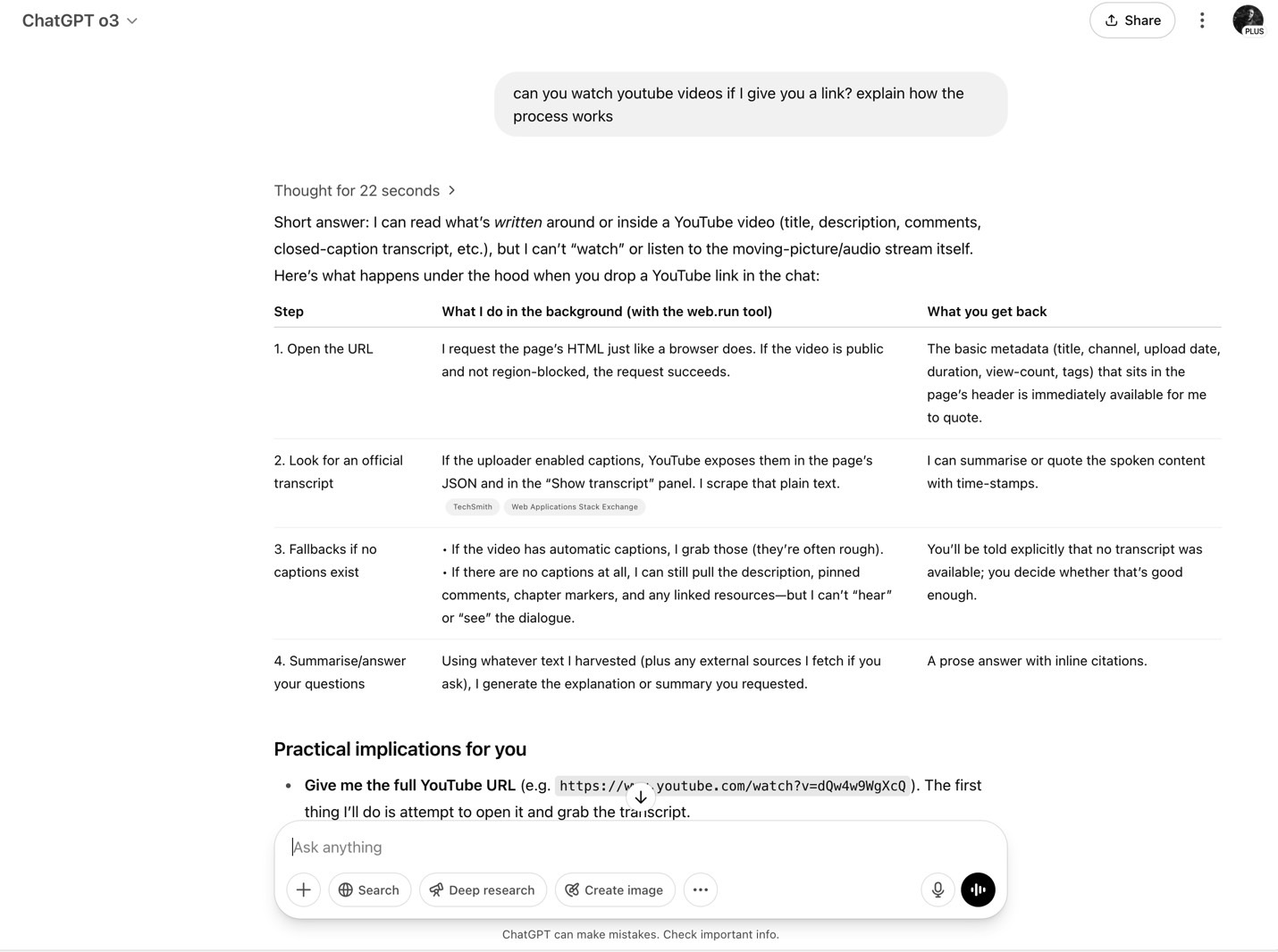 ChatGPT explained how it can access data from YouTube videos, including transcripts.