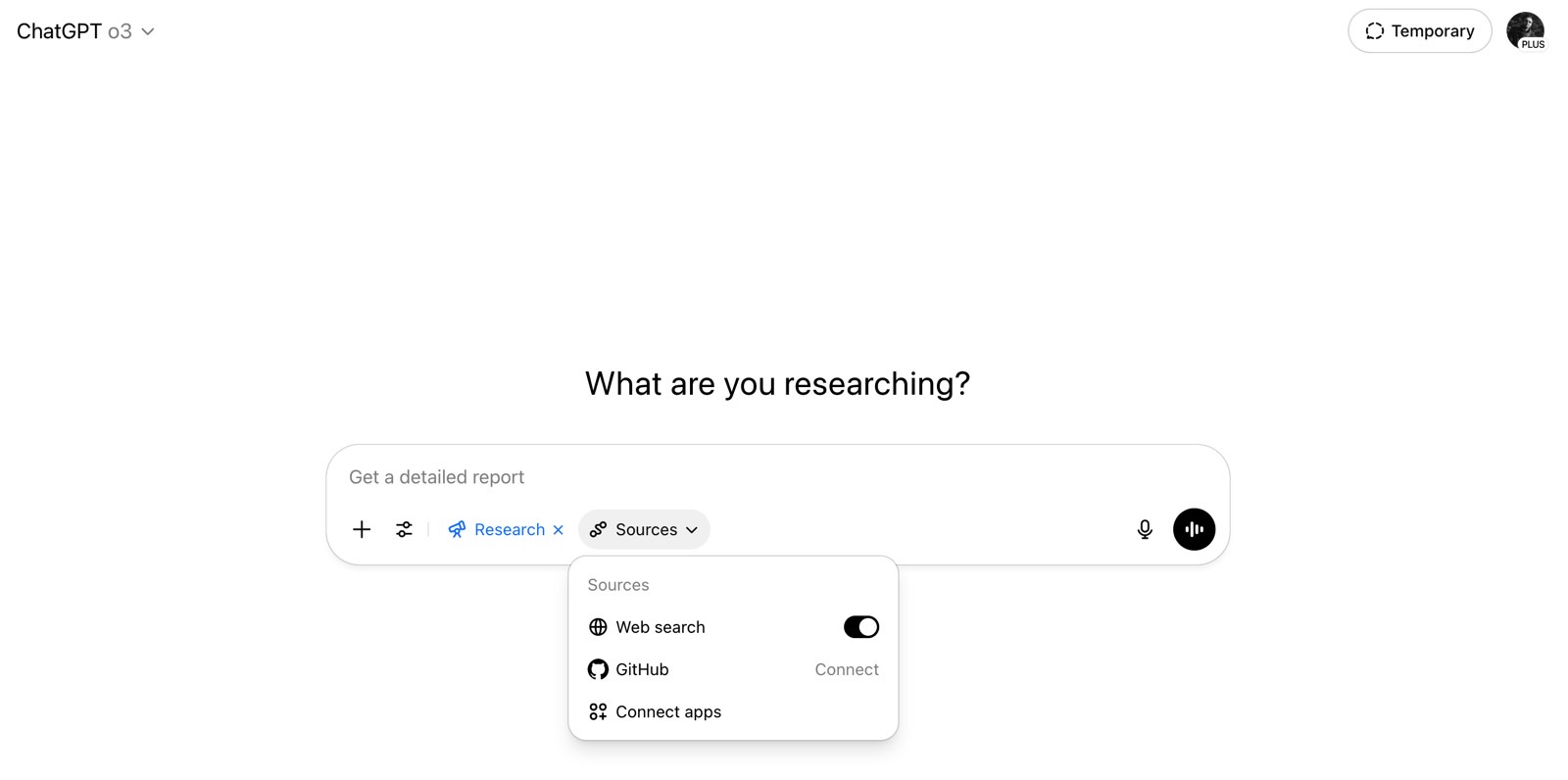 The ChatGPT Deep Research button opens an extra Sources menu.