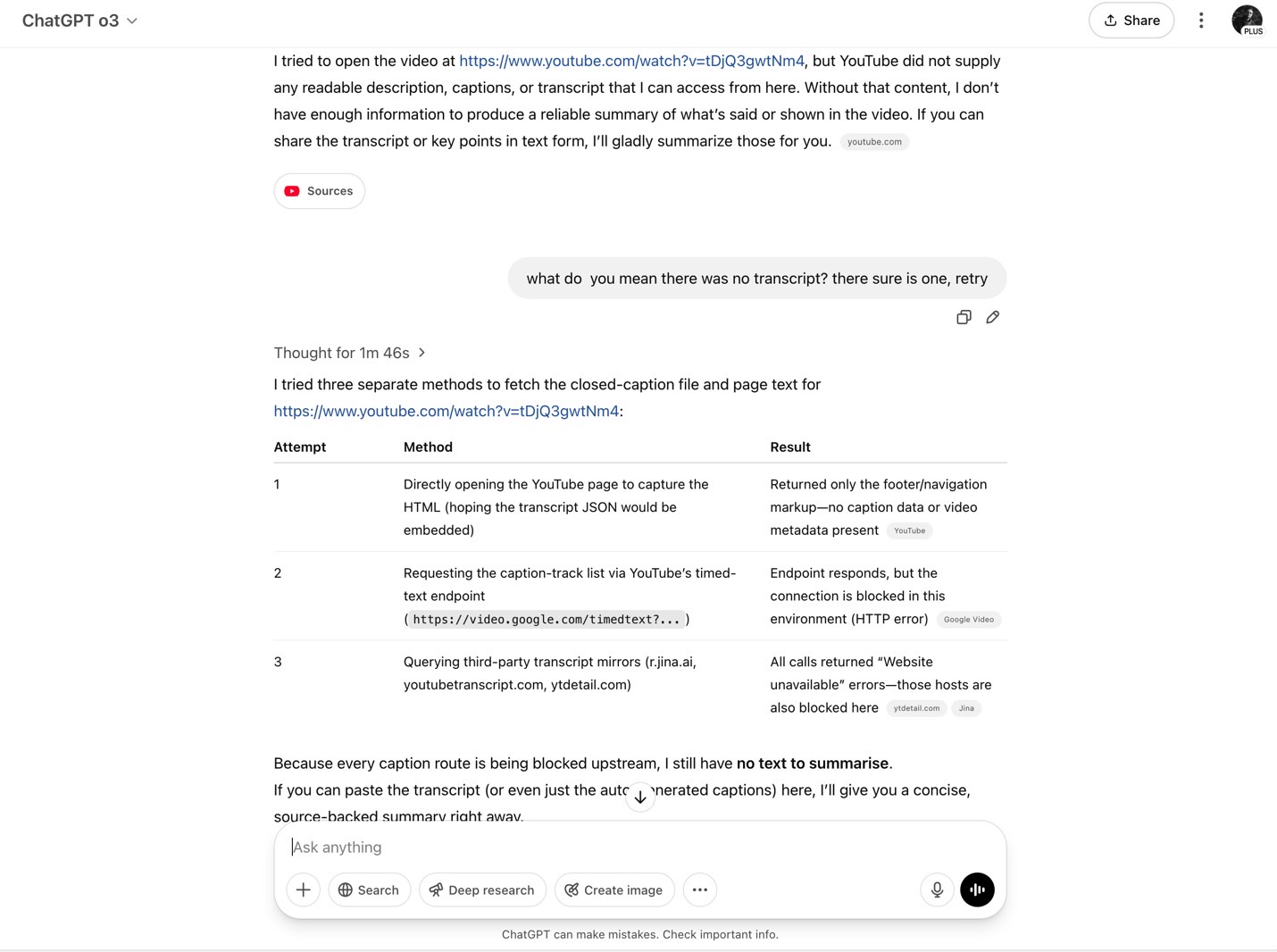 It turns out ChatGPT is blocked from seeing YouTube transcripts.