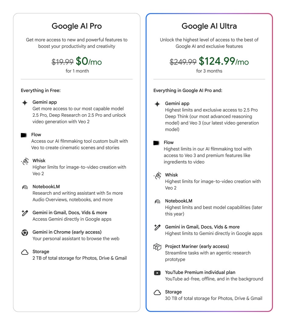 Google's Gemini AI plans: AI Pro vs. AI Ultra.
